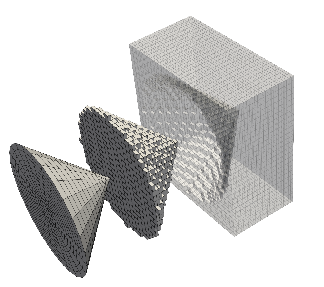 Voxelizing a cone using ManifoldSubdomainGenerator. Left is the     manifold surface mesh, center the resulting voxelization of the cone, and     right is the resulting voxelization of the space around the cone.