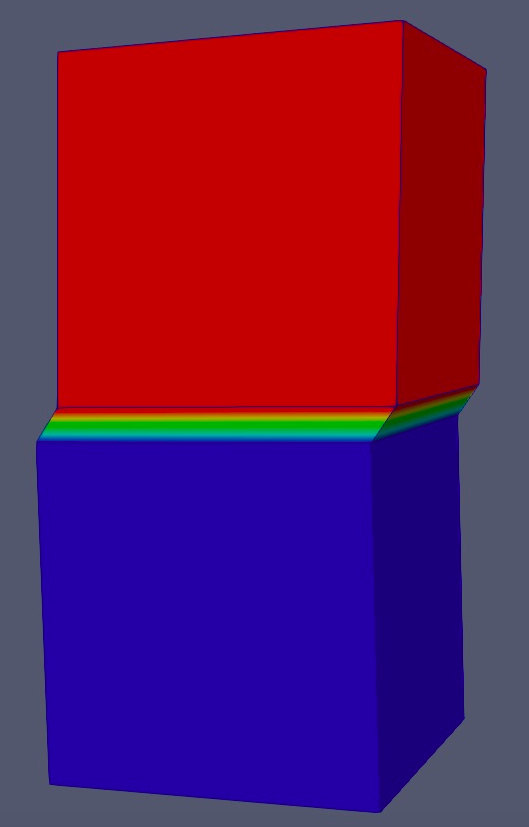 Deformed shape of the numerical model after the contact is yielded.