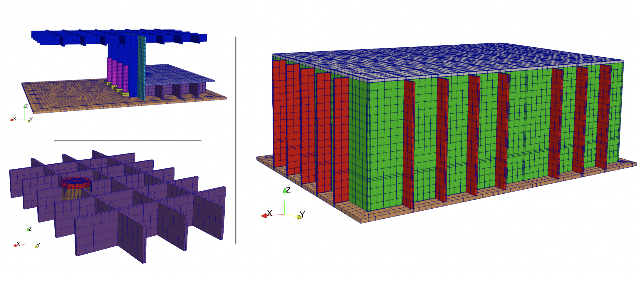 Top Left: View of inner structure. Bottom Left: View of reactor vessel and supporting components. Right: Full fixed base structural model.